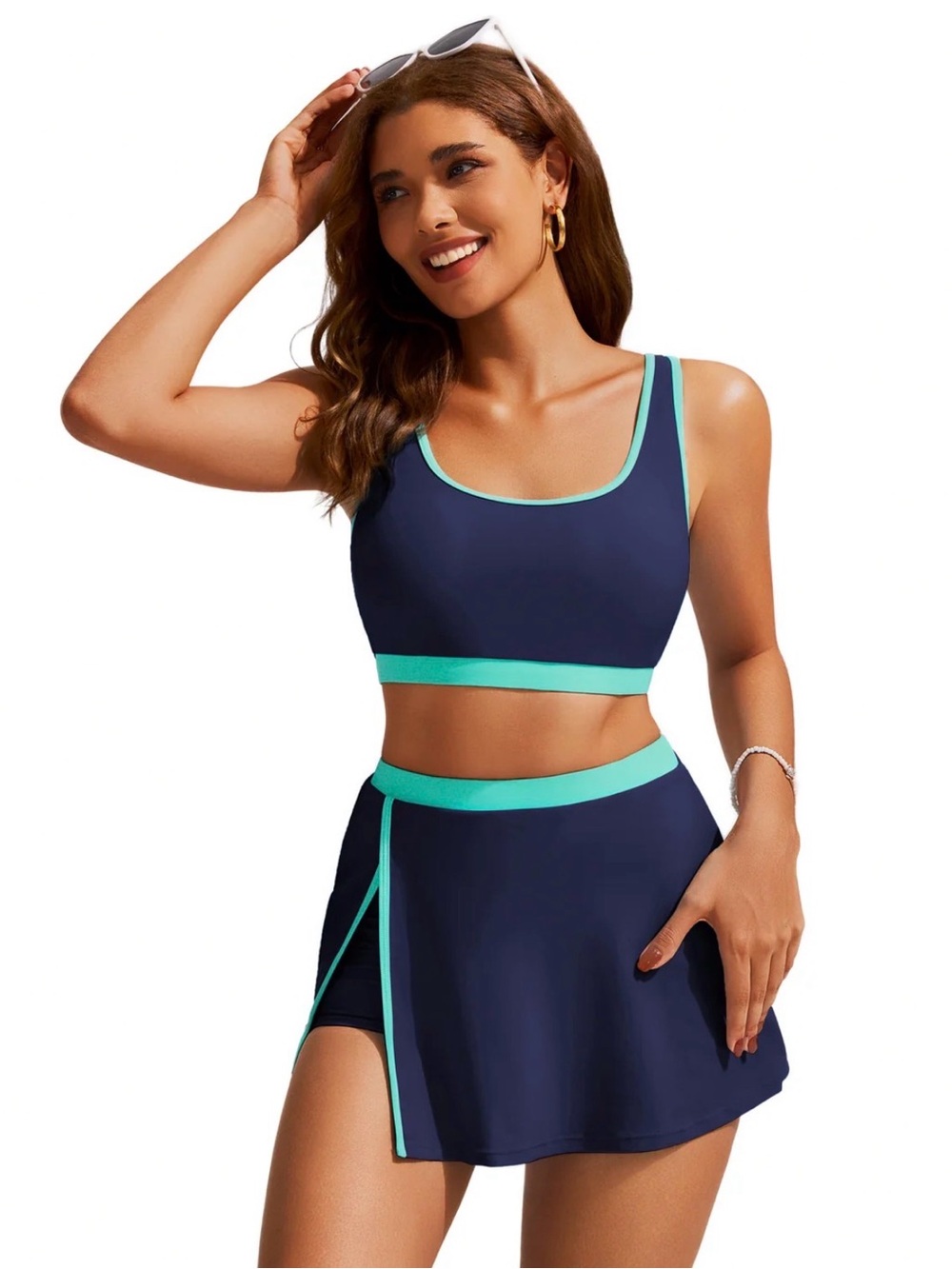Hanna Nikole NWT Women’s Navy & Teal Two-Piece Swim Set with Skirt size xxl